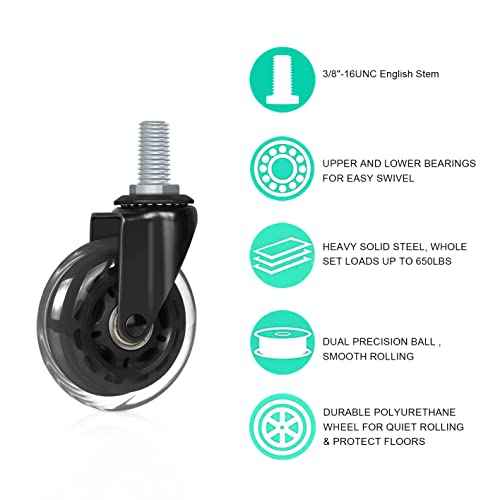 Hirate 5 Pack Office Chair Casters Wheel with 3/8"-16UNC Threaded Stem(English Unit),3" Mute Swivel Stem Gaming Chairs Casters Replacement Smooth Rolling Safe for Hardwood Tile Floors
