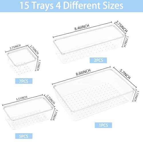 Drawer Organizers Set of 15, 4 Sizes Clear Plastic Drawer Organizers and Storage Bins for Kitchen, Bathroom, Office, Dresser Desk Drawer Organizer Tray for Jewelry, Makeup, Junk, Gadgets