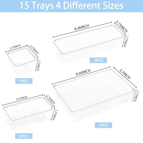 Manalete Clear Plastic Drawer Organizer Set 15 Pack - Makeup, Vanity & Storage Bins