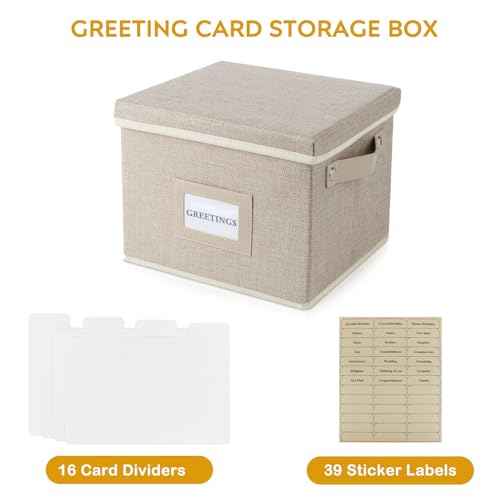 Greeting Card Organizer Box with 16 Dividers,Collapsible Greeting Card Storage Box with Handles Hold 150+ Cards,Greeting Card Holder for Greeting Cards,Sticker, Recipes, Photo, Envelope (Beige, 2 pcs)