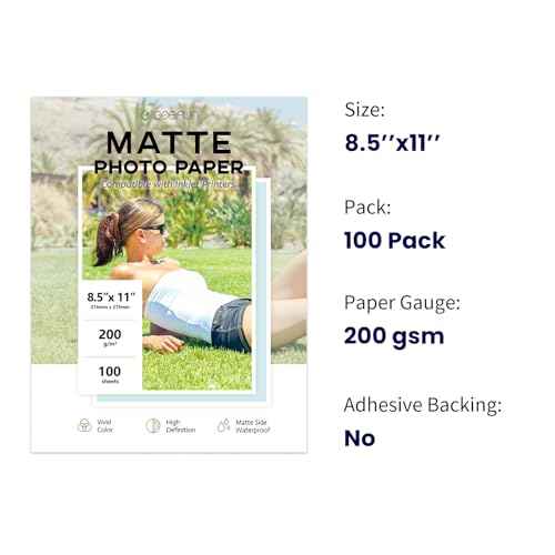 100 Sheets Matte Photo Paper 8.5x11, Goefun 200GSM/54LB Inkjet Printer Paper for Dye Ink and Pigment Ink