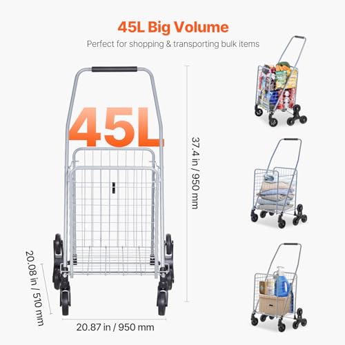 VEVOR Grocery Shopping Cart, 45L Stair Climbing Shopping Cart with 360¡Æ Rolling Swivel Wheels, Stair Climber Utility Cart with Tri-Wheels, Foldable Collapsible & Lightweight for Laundry Travel, Silver