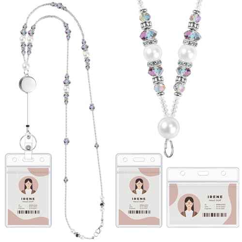 Teacher Lanyards for Id Badges and Keys, Beaded Badge Lanyard with Retractable Reel Cute Lanyards for Women (Purple Blue)