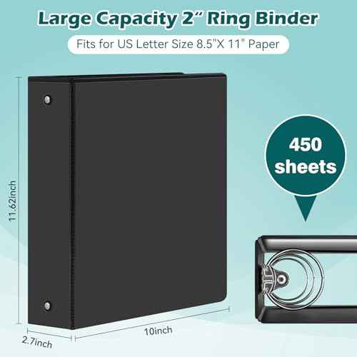 3 Ring Binder 2 Inch 6 Pack,2" Clear View with Round Rings, PVC-Free,Holds for 450 Sheets 8.5X 11 US Letter Size Paper, Durable Black Binders Perfect for Office,School and Home