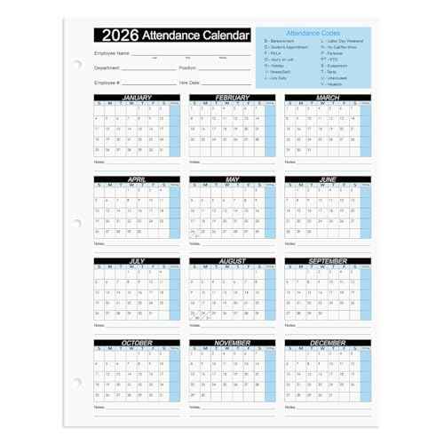 2026 Attendance Calendar Work Tracker Attendance Calendar Cards - 8.5 X 11 Cardstock/Pack of 50 Sheets