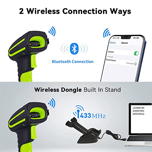 Alacrity Chartreuse Wireless Barcode Scanner with Stand, 1968ft Range, 2-in-1 Bluetooth & 433MHz