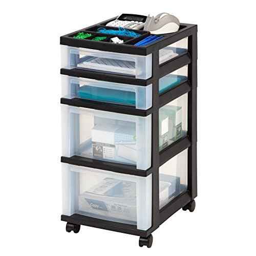 IRIS USA Plastic Drawer Storage Organizer Rolling Cart, with Wheels Casters, 4-Drawers, for Classroom Art Craft Supplies Dresser Closet Bathroom Laundry Room, Black/Clear
