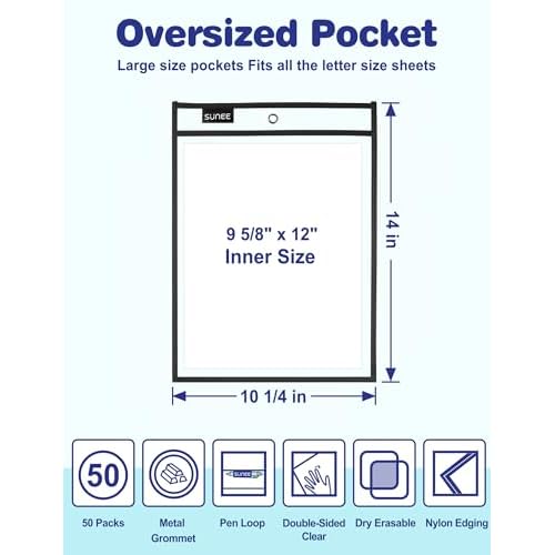 SUNEE 50 Packs Oversized Reusable Dry Erase Pocket Sleeves with 3 Rings, Black 10x14 Ticket Holders, Clear Plastic Sheet Protectors, Teacher School Classroom Supplies