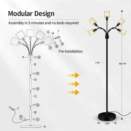 Floor Lamp, Industrial Floor Lamps for Living Room,Tree Standing Lamp,3 Way Switch,Modern Stand up Lamp for Bedroom Office Farmhouse