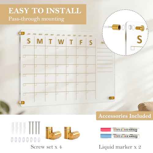 Acrylic Calendar for Wall, 24"x16" Gold Dry Erase Board Weekly Planner Wall Mounted Board, Frameless White Board for Home, Office, School
