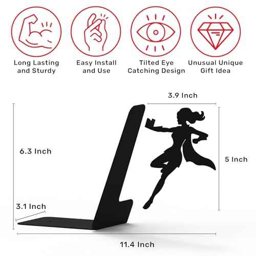 Artori Design Book Ends to Hold Books Heavy Duty Hidden Metal Bookends for Shelves Bookend Book Holder for Home Decorative Gift for Book End Lovers and Home D?cor (Supergal+Book&Hero)