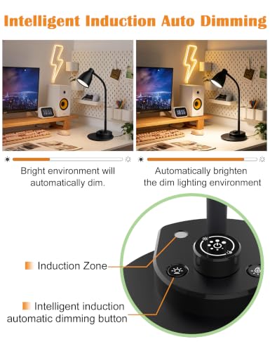 BOHON Matt Black LED Desk Lamp with USB Charging, 3 Color Modes, Dimmable