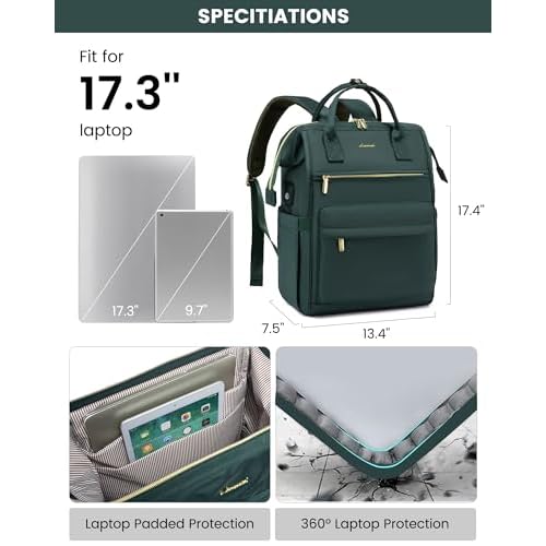 LOVEVOOK Laptop Backpack for Women, 17 Inch Work Teacher Nurse Bag, Large Capacity Business Computer Backpack Purse with USB Port, Stylish Casual Daypack for Travel,Green