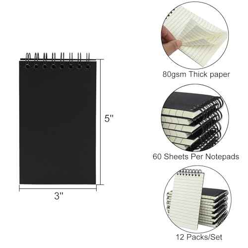 12 Pack Pocket Notebooks, 3x5 Small Notepads, Mini Spiral Notebooks, 60 Sheets/120 Pages,Lined College Ruled Paper, Memo Pads for Home, Office, School or Travel (Black)