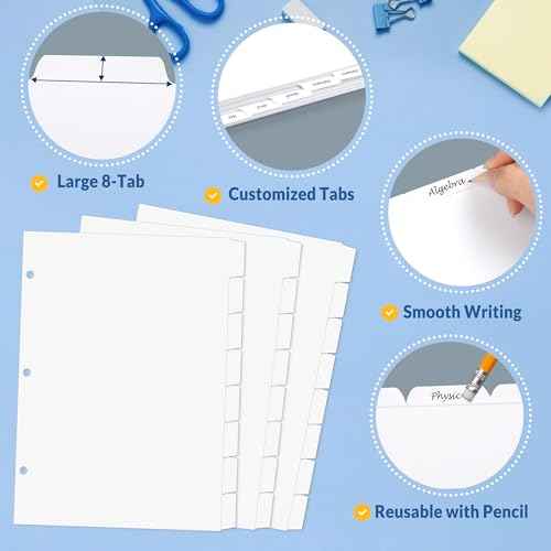 SUNEE Binder Dividers with Tabs for 3 Ring Binder, 8.5 x 11 Paper White Binder Dividers Blank with 8 Tabs, 4 Sets Page Dividers for School, Office and Home, 32 Dividers