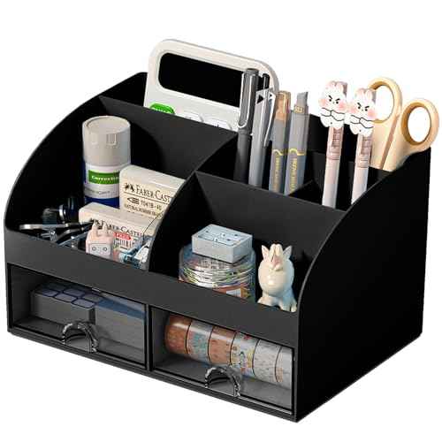 Desk Organizer with 6 Compartments and 2 Drawers, Plastic Makeup Organizer, Pen Holder for Desktop Storage, Desk Organization for School, Home, Office Supplies (Black)