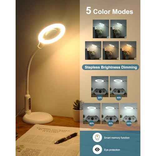 10X Magnifying Glass with Light and Stand, LED 5 Color Modes, Brightness Stepless Dimming Lighted Magnifier Hands Free, Flexible Gooseneck Desk Lamp with Clamp for Close Works, Crafts, Hobby - White