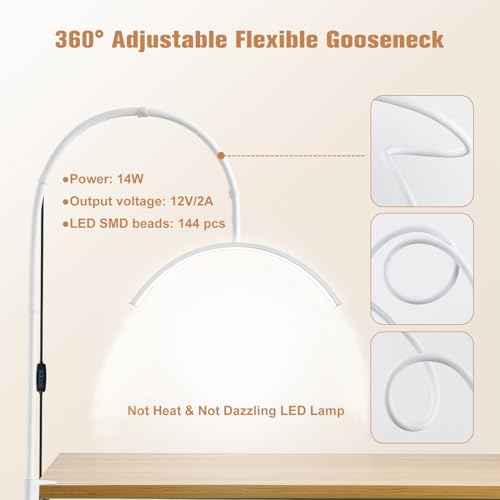Nail Lamp Lash Light, 20In Wide 3 Light Modes Half Moon Light with 10 Brightness Levels, Adjustable Gooseneck LED Desk Lamp with Clamp for Eyelash Extensions, Skincare and Tattoo