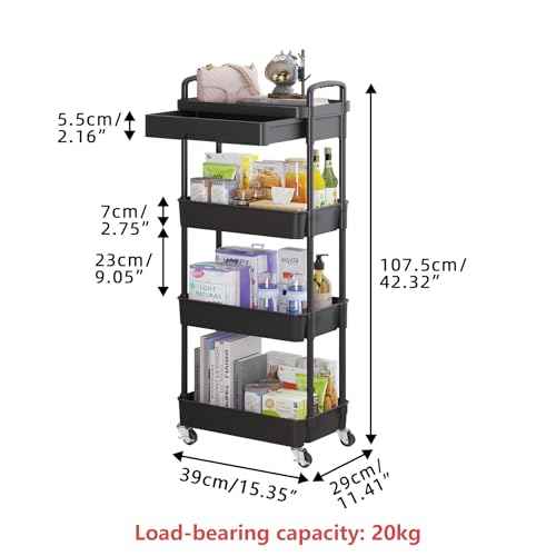 Calmootey 4-Tier Rolling Utility Cart with Drawer,Multifunctional Storage Organizer with Plastic Shelf & Metal Wheel,Storage Cart for Kitchen,Bathroom,Living Room,Office,Black