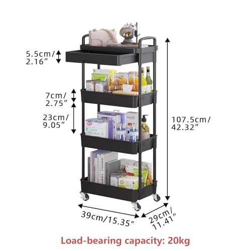 Calmootey Black 4-Tier Utility Cart with Drawer & Wheels - Home & Office Storage