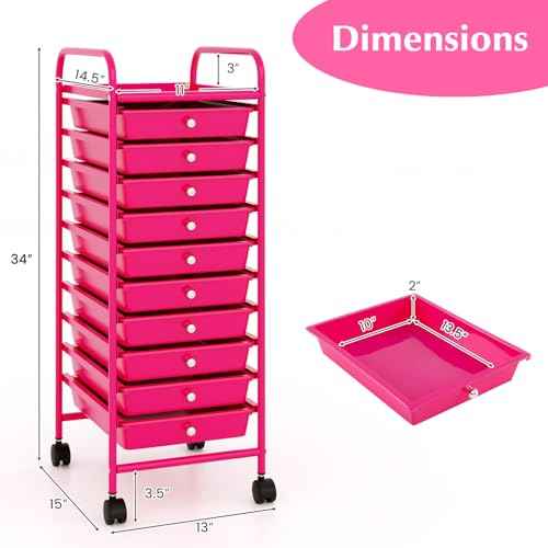 ARLIME 10-Drawer Storage Cart, 10 Drawer Trolley, Rolling Organizer Cart, Scrapbook Paper Organizer, Suitable for Office and School, Rolling Office Storage Tools (Hot Pink)