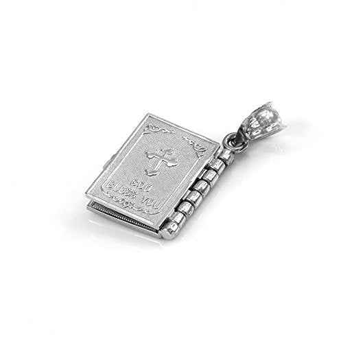 Religious Jewelry Polished Sterling Silver 3D Holy Bible Book w/Lord's Prayer Pendant Necklace