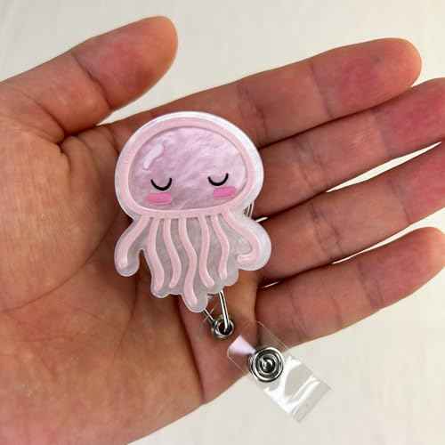 Pink Jellyfish Badge Reel Retractable for Nurse, Doctor, Medical Worker & Nursing Student | Cute Pediatric Nurse ID Name Badge Holder with Alligator Clip & 24¡± Durable Nylon Retractable Cord | Acrylic