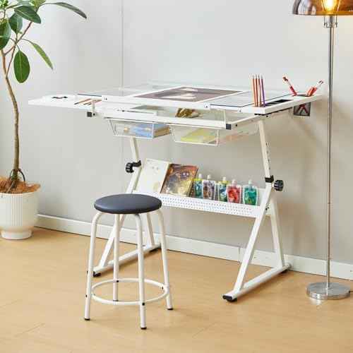 Drafting Table, 0-75¡Æ Tilting Glass Tabletop Drawing Table with Stool - Adjustable Height Art Desk with Multi-Storage for Sketching and Painting - Perfect for Artists and Hobbyists, White