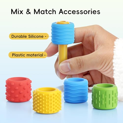 ELETIUO 4 in 1 Sensory Fidget Pencil Topper with Textured Spinners - Red+Blue, Blue+Yellow, Yellow+Orange, Green+Purple - Stress Relief & Focus Tool for ADHD & Autism