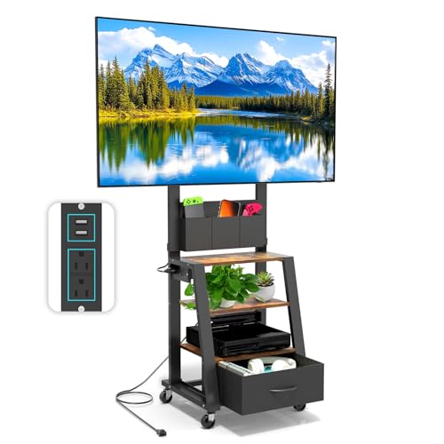 Hellsehen Retro Rolling TV Stand with Power Outlet & 4-Tier Storage, 23-60 Inch TV Cart (160lbs) - VESA 400x400, 360° Wheels