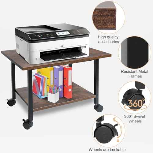 Printer Stand, Under Desk Printer Table with Wheels, 2 Tier Industrial Mobile Printer Table with Storage Shelf, Rolling Printers Cart Holder for Home, Office, Rustic Brown and Black