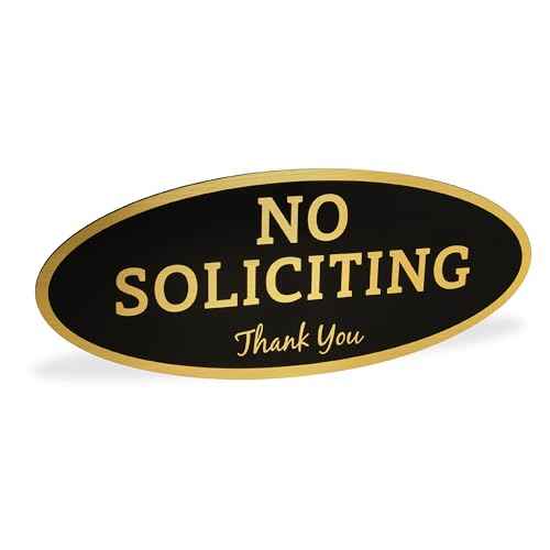 ExcelMark No Soliciting Sign for House or Business ? Durable Indoor/Outdoor Sign ? Easily Attach to Front Door - UV and Weather Resistant (Small - 2"x 5", Black with Gold Letters)