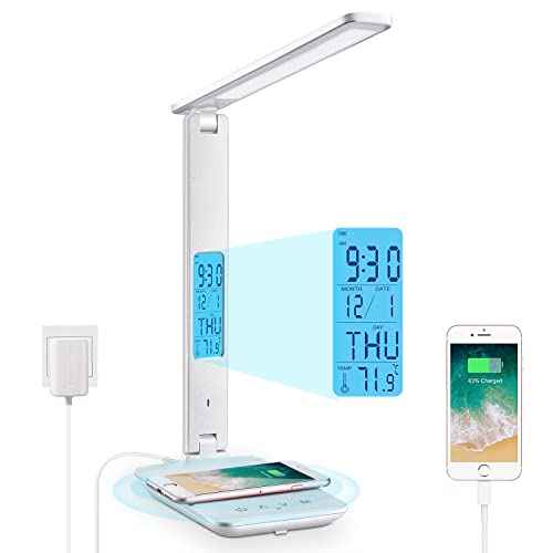 Desk Lamp with Wireless Charger: USB Charging Port, Table Lamp with Clock, Desk Lamps for Home Office College Dorm Room Essentials