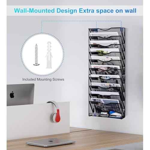 10-Tier Wall File Organizer, Mesh Mail Organizer Wall Mounted Paper Document Holder, Vertical Magazine Rack, Metal Hanging Clipboard Storage Basket for Office Home School Organization, Black