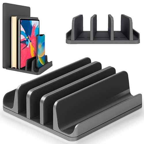 Multiple Laptop Holder Vertical ? Adjustable Laptop Vertical Stand Holds 5 Devices, Fits All MacBooks Laptops Tablets and Mobiles (up to 17.3¡±). Closed Upright Vertical Laptop Stand for Desk