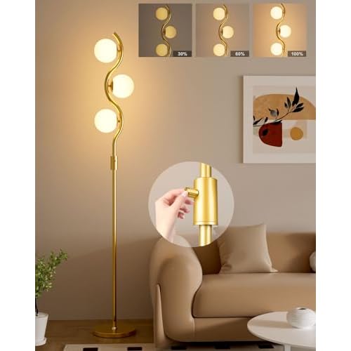 Lightdot 60IN Gold Floor Lamp Stepless Dimmable Globe Floor Lamps with 3Pcs 3000K G9 Bulbs Eye-Friendly Mid Century Standing Lamps with Stable Base for Living Room/Bedroom/Corner/Office