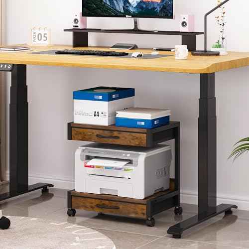 2-Tier Desktop Printer Stand with 2 Fabric Drawers, Prtiner Table with Storage Shelf, Desk Organizer for Home Office,3D Printer,Fax Machine,Scanner (Brown, 2 Tier)