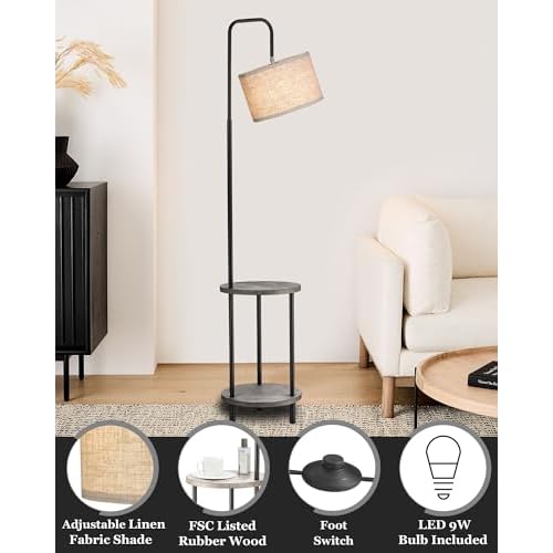 ELYONA Solid Wood Floor Lamp - Rustic Side Table Lamp for Bedroom & Living Room - Mid Century Modern Floor Lamp with 3 Color Temperatures LED Bulb - Industrial Tall Pole Reading Standing Light - Grey