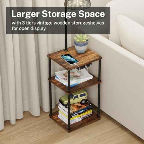 Floor Lamp with Table,Foor Lamp with Shelves,Side Table with USB Charging Port and Outlet,Modern Bedside Nightstand End Table with Lamp for Living Room,Bedroom,Guest Room,Bulb Included