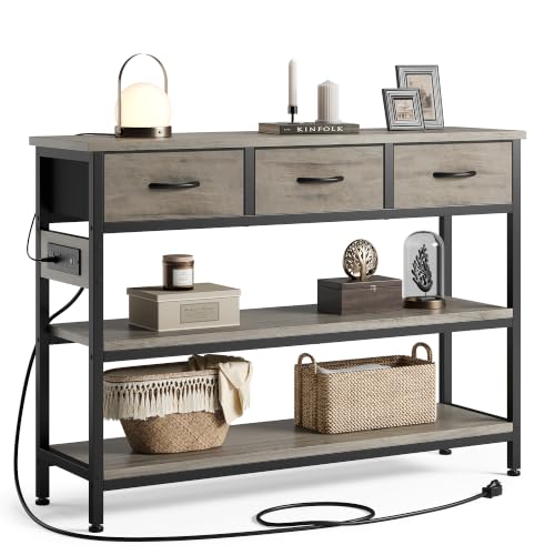 Entryway Console Table with Outlets & 3 Fabric Drawers, 43 in Grey