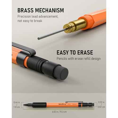 Nicpro 3 PCS 1.3 mm Orange Mechanical Pencils Set with 66 Lead Refill, 3 Eraser - Weatherproof Metal Barrel, Heavy Duty Carpenter Pencil MP2000 for Outdoor Marking Drafting Drawing Woodworking