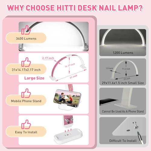 HITTI Super Large 31in Half Moon Light for Nail Desk, Foldable Arch Light for Nail Tech Lamp with Phone Stand, LED Table Lamp for Manicure, Handicraft, Art, Eyelash Extension (Crystal Diamond) -White