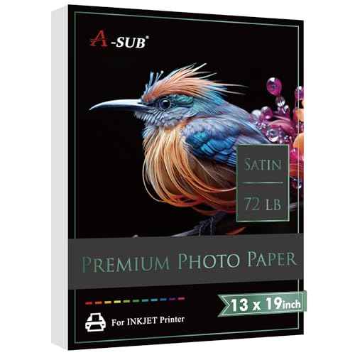 A-SUB Premium Photo Paper Satin 13x19 72lb for Inkjet Printers 50 Sheets, Single Sided