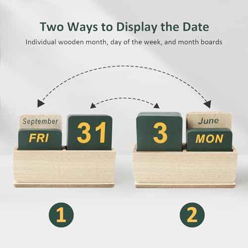 Wooden Block Perpetual Calendar for Desk, Daily Desktop Standing Flip Calendar with Large Display, Modern Farmhouse Aesthetic Desk Accessory for Home Office Decor, Reusable Yearly, Wood Grain