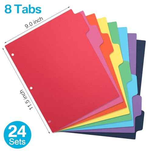 Thenshop 192 Pieces 24 Sets Binder Dividers with Tabs Bulk 8.5 x 11 Inch Write & Erase Big Paper 8 Tab Dividers for 3 Ring Binder(Bright Color)