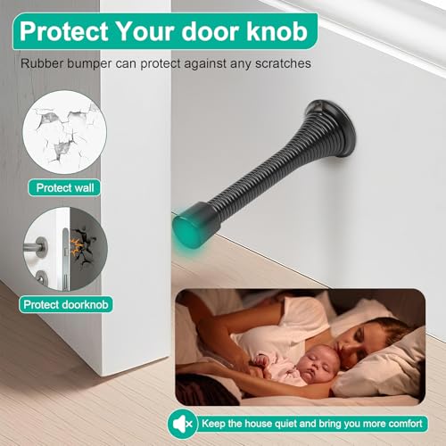 6 Pack Black Spring Door Stops - 3-1/4" Heavy Duty Wall Mount Door Stoppers with Rubber Tips, ZUOYIGD