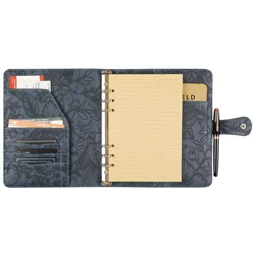 Patterned Leather Portfolio Binder 6 Ring, A5 Planner Portfolio for Women, Work Organizer Padfolio for Men, Blue