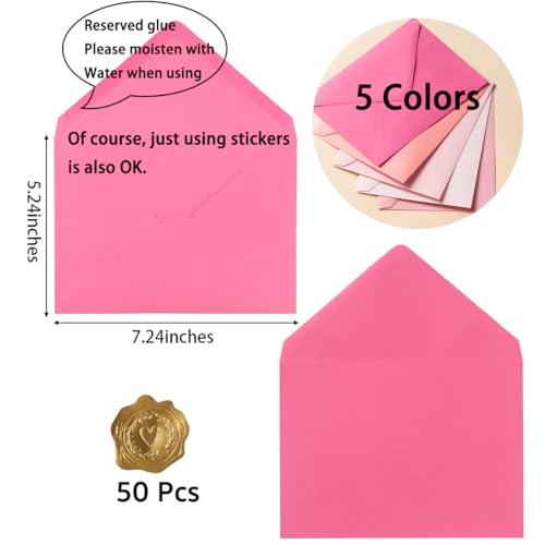 Toperd Pink 5x7 A7 Invitation Envelopes Pack of 50 with Gold Stickers, 5 1/4 x 7 1/4 Inches