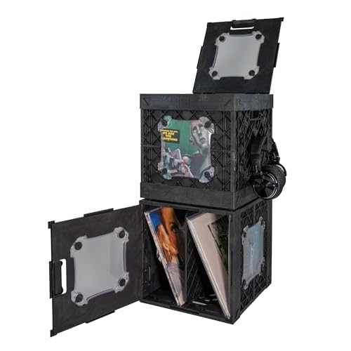 CrateVinyl - Vinyl Record Storage Crate Modular Storage Cube for LP Albums with Divider and 2 Clear Panels (Black crate - Smoke panels)