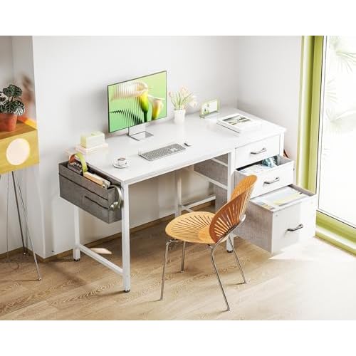 Casaottima 40 Inch Small Home Office Computer Desk for Bedroom with Fabric Drawers & File Cabinet, Cloth Storage Bag and Hook, Writing Study Work Desk for Small Space, Snow White